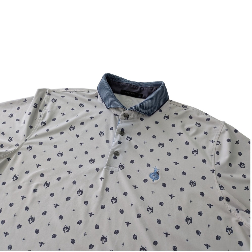 Greyson‎ Clothiers Mens XL Golf Polo Shirt Wolf Bee Print Grey Blue Short Sleeve